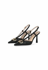 Décolleté in pelle nera con punta affilata, dettagli in oro, cinturini sottili e tacco a stiletto. Superficie liscia e design minimalista.