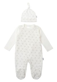 Weißer Baby-Overall mit langen Ärmeln, der ein zartes, wiederkehrendes Muster aus kleinen, hellbraunen Tieren zeigt. Inklusive einer passenden geknoteten Mütze.