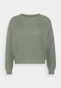 Maglione a maglia verde salvia con collo a giro, maniche lunghe e vestibilità ampia. Tessuto strutturato con orli a costine sulle maniche e sul fondo.