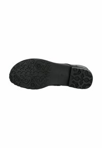 Suola di scarpa nera con un design in gomma testurizzata e motivi geometrici variati, e tacco basso. Taglia 37 riportata sul lato.