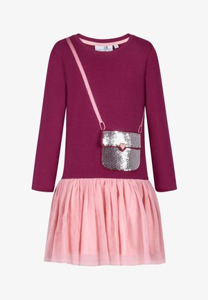 Langærmet lilla kjole med påsyet sølvglimmerpung-grafik og pink tylskørt-overlay.