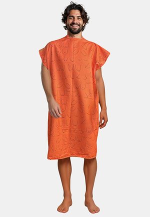 Pomarańczowy bawełniany kaftan z wzorem przedstawiającym zarysy biustu, krótkie rękawy i luźny krój, idealny do codziennego noszenia.