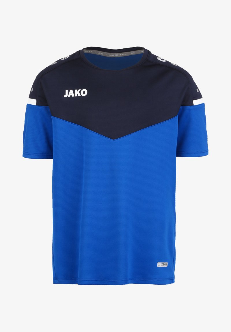 T-shirt de sport bleu avec un design en V bleu marine, manches courtes et col rond. Logo de la marque sur la poitrine et accents sur les côtés.