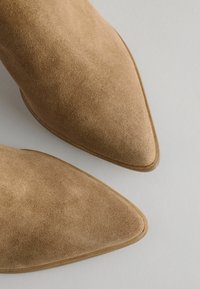 Ruske nubuk ankle bootse s oštrim prstima, s glatkom teksturom i vitkom siluetom, u neutralnoj boji i suptilno šivanom rubu.