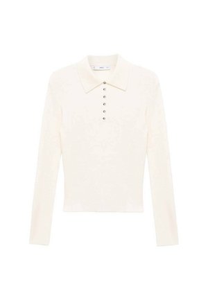 Long-sleeve cream polo shirt made of soft fabric, featuring a classic collar and seven small silver buttons down the front.