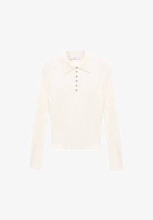 Langærmet cremefarvet polo shirt lavet af blødt stof, med en klassisk krave og syv små sølvknapper nedad fronten.