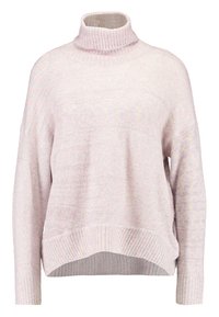 Hellrosa gestrickter Rollkragenpullover mit lockerem Schnitt, gerippten Bündchen und Saum, mit dezenter Textur und weichem, gemütlichem Design.