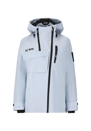 Light blue waterproof jacket with a hood, front zip closure, large flap pocket, and adjustable cuffs; black accents on zippers and branding.