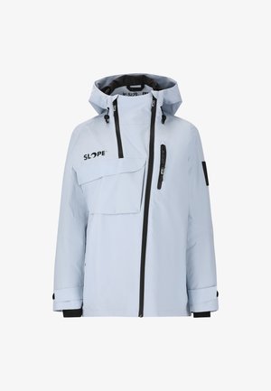 Light blue waterproof jacket with a hood, front zip closure, large flap pocket, and adjustable cuffs; black accents on zippers and branding.