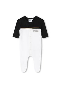 Body neonato in bianco e nero con maniche lunghe, dotato di chiusura a bottoni, dettaglio a strisce dorate e logo "BOSS" sul petto.
