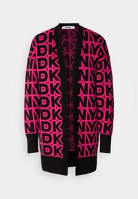 DKNY džemperis ar izteiksmīgu melnu un rozā logotipa rakstu, atvērta priekšpuse, garas piedurknes un melna ribota apdare ap malām.