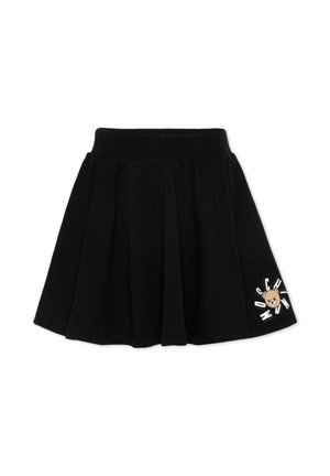 Zwarte uitlopende rok met elastische tailleband en kleine teddybeerafbeelding met gebogen witte tekst bij de zoom aan de rechterkant.