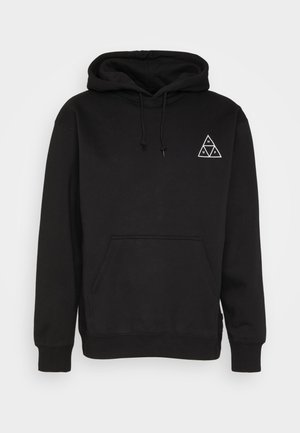 Black hoodie made from soft fabric, featuring a triangular white graphic on the left chest, a front pocket, and adjustable drawstrings.