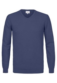Dunkelblauer V-Ausschnitt-Pullover, gestrickte Textur, lange Ärmel, gerippte Bündchen und Saum, lässiges Design.