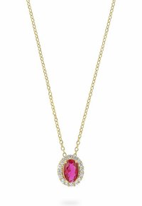 Goldene Halskette mit ovalem pinken Edelstein, umgeben von einem Kreis aus klaren Steinen, der eine polierte Oberfläche aufweist.