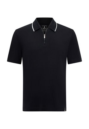 Black polo shirt made of cotton, featuring a zippered collar, short sleeves, and white accents along the collar edge.
