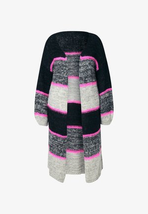 Strickcardigan mit horizontalen Streifen in Schwarz, Grau und Pink. Offene Front, lange Ärmel und eine strukturierte Oberfläche. Ideal zum Schichten.