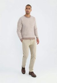 Light beige knitted sweater with a textured pattern, paired with beige chinos and brown shoes. Model stands in a neutral background.