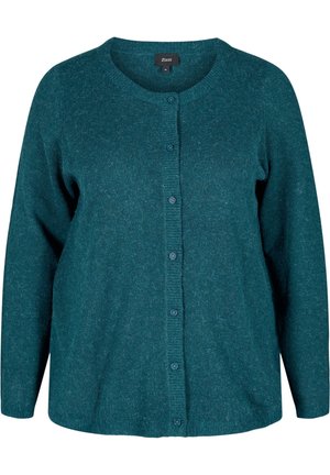 Tyrkisblå cardigan med knapper, lange ærmer, ribbet rund halsudskæring og medium størrelse label "Zizzi" inde i kraven.