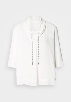 White short-sleeve top with a cowl neck and drawstring closure. Soft, smooth fabric with a relaxed fit. Subtle texture and contrast drawstring.