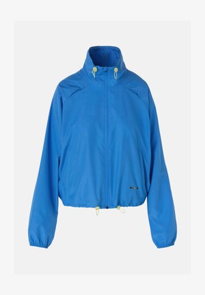 Blue cropped jacket made of lightweight material with elastic cuffs, adjustable hem, front pockets, and contrasting yellow drawstrings.