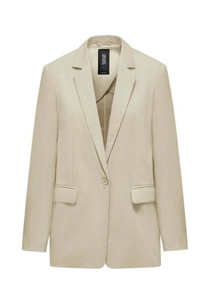 Beżowa damska marynarka na jeden guzik z wyciętymi klapami, długimi rękawami, dwoma przednimi kieszeniami z patkami oraz czarną metką wewnątrz.