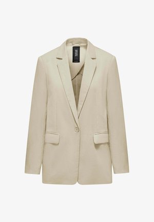 Beige damesblazer met één knoop, schuine revers, lange mouwen, twee voorflapzakken en een zwart binnenlabel.