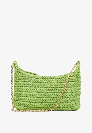 Green woven handbag with a textured finish, featuring a gold chain strap and a curved shape. Zippered top closure for secure storage.