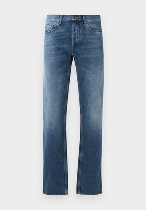 Blue denim jeans with a straight-leg design, faded wash, five pockets, and contrast stitching. Button and zipper closure at the waistband.