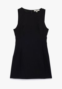 Svart ärmlös klänning med en formad bodice och utsvängd kjol, tillverkad av slät tyg. Dragkedja bak och minimala sömmar, inga mönster.