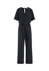 Schwarzer Jumpsuit mit kurzen, weiten Ärmeln, tiefem V-Ausschnitt, einem Bindegürtel in der Taille und weiten Hosenbeinen. Hergestellt aus weichem, fließendem Stoff.