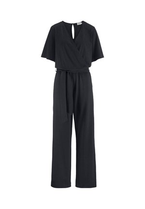 Schwarzer Jumpsuit mit kurzen, weiten Ärmeln, tiefem V-Ausschnitt, einem Bindegürtel in der Taille und weiten Hosenbeinen. Hergestellt aus weichem, fließendem Stoff.