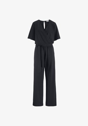 Schwarzer Jumpsuit mit kurzen, weiten Ärmeln, tiefem V-Ausschnitt, einem Bindegürtel in der Taille und weiten Hosenbeinen. Hergestellt aus weichem, fließendem Stoff.
