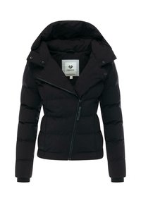 Juodas pūkinis švarkas su aukštu apykakle, priekiniais užtrauktukais ir šoniniais kišenėmis. Turintis siuvinėtas panele ir priekinę rankogalių pynę. Viduje yra prekės ženklo etiketė.