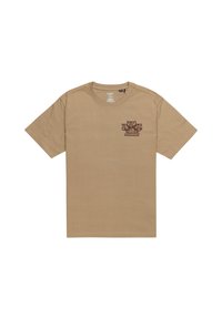 Beige cotton t-shirt with short sleeves and a round neckline. Features a graphic of three bears and "TIMBER ELEMENT" printed on the chest.