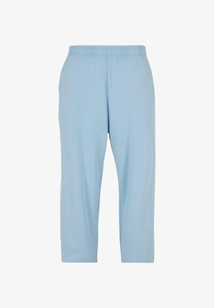 Ljusblå, ankellånga byxor i mjukt bomull. Har en elastisk midja för komfort och en avslappnad passform. Inga synliga mönster eller detaljer.