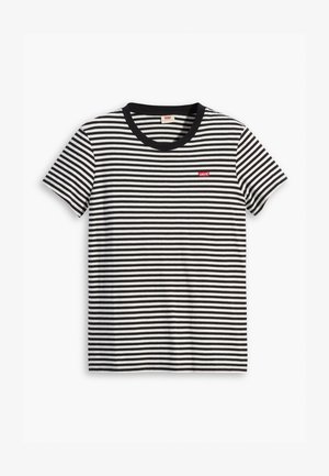 Black and white striped T-shirt made of cotton. Features a round neckline and a small red Levi's logo on the chest. Short sleeves.