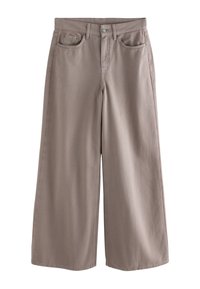 Beżowe spodnie o szerokich nogawkach wykonane z tkaniny mieszanki bawełny. Posiadają przednie kieszenie oraz zamek błyskawiczny z zapięciem na guzik. Gładka faktura i czyste linie.