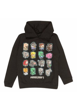 Sweat à capuche noir avec des personnages colorés de Minecraft disposés en grille et le logo Minecraft sous les personnages à l'avant.
