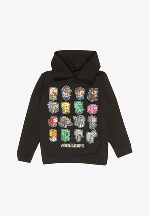 Sweat à capuche noir avec des personnages colorés de Minecraft disposés en grille et le logo Minecraft sous les personnages à l'avant.