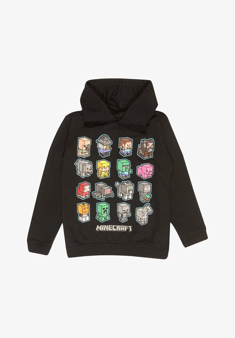 Sweat à capuche noir avec des personnages colorés de Minecraft disposés en grille et le logo Minecraft sous les personnages à l'avant.