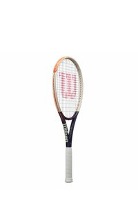 Wilson tennis racquet with a navy and white frame, orange accents, 16x19 string pattern, and textured white grip for secure handling.