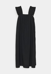 Černé šaty s širokými, nařasenými ramínky. Volný střih, délka ke kolenům, vyrobeny z hebkého, texturovaného materiálu. Žádné viditelné vzory ani kování.