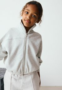Sweatshirt zippé gris clair avec col haut et ourlet élastique, associé à un pantalon gris clair assorti. Texture lisse, coupe décontractée.