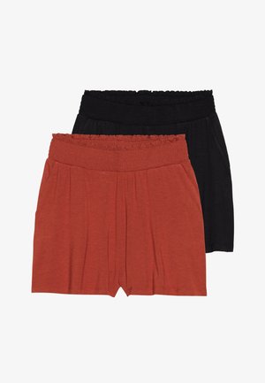 Two pairs of relaxed-fit shorts: one in orange-red and one in black. Made of soft fabric with an elastic waistband featuring ruffled trim.