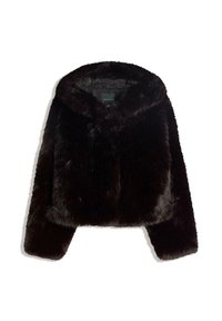 Zkrátená umelá kožušina v tmavej hnedej farbe s kapucňou, mäkkou textúrou a predným zipsovým uzáverom. Dizajn zahŕňa široké rukávy.