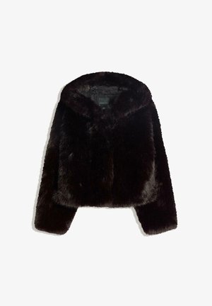 Jachetă scurtă din blană artificială de culoare maro închis, cu glugă, textură moale și închidere cu fermoar în față. Designul include mâneci late.