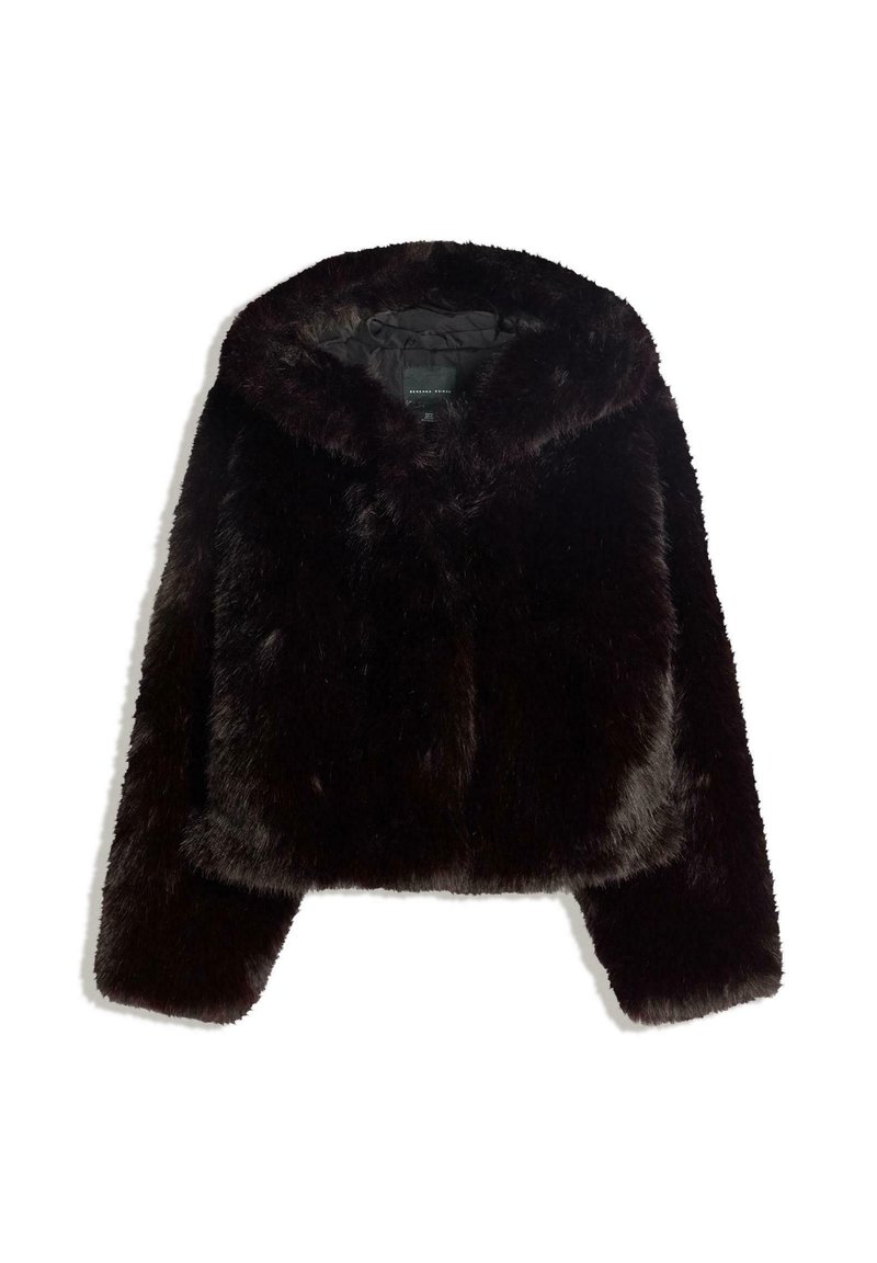 Zkrátená umelá kožušina v tmavej hnedej farbe s kapucňou, mäkkou textúrou a predným zipsovým uzáverom. Dizajn zahŕňa široké rukávy.