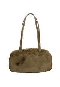 Nepbont handtas in olijfgroen met een zachte textuur, rechthoekige vorm en twee tan kleurige handvatten. Heeft een gestikt ontwerp op het oppervlak.