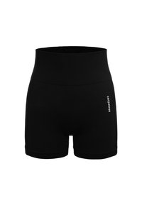 Black athletic shorts made from smooth fabric, featuring a wide ribbed waistband, side seams, and a small white logo on the front.